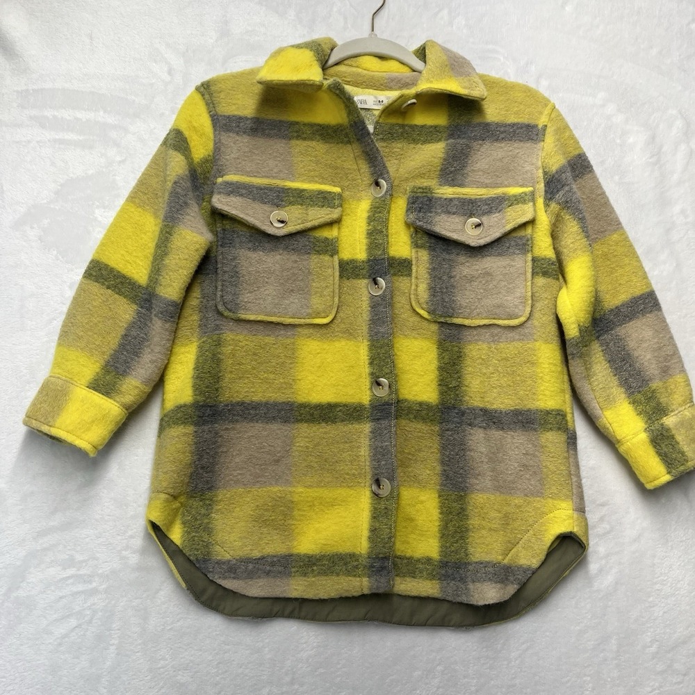 Zara Wool Blend Plaid Shacket Girls 8-9 Yellow Fall Winter Coat Jacket Cozy